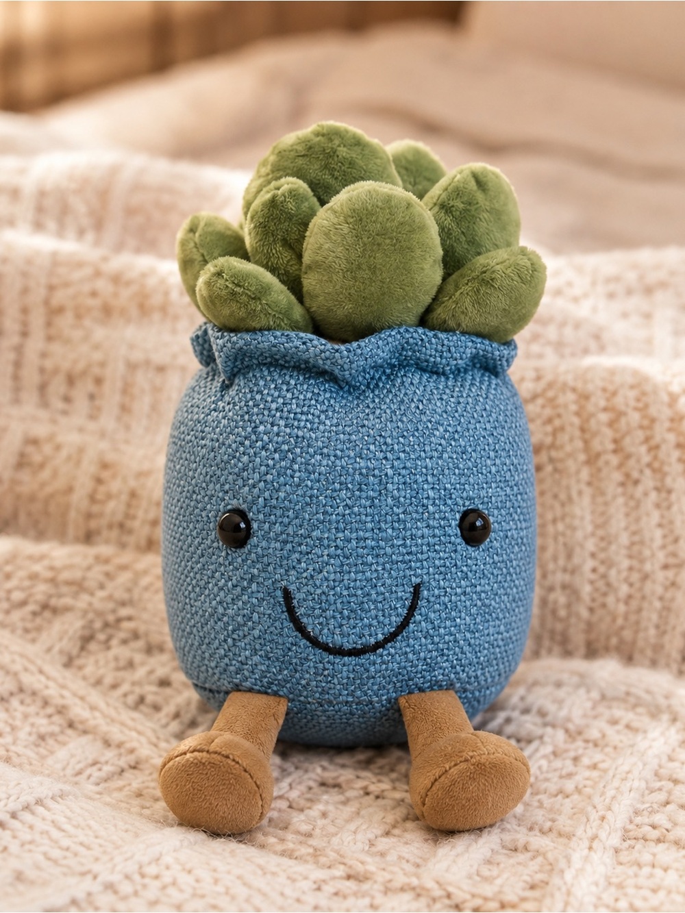 Blue Plush Succulent Accent Pillow with Green Top